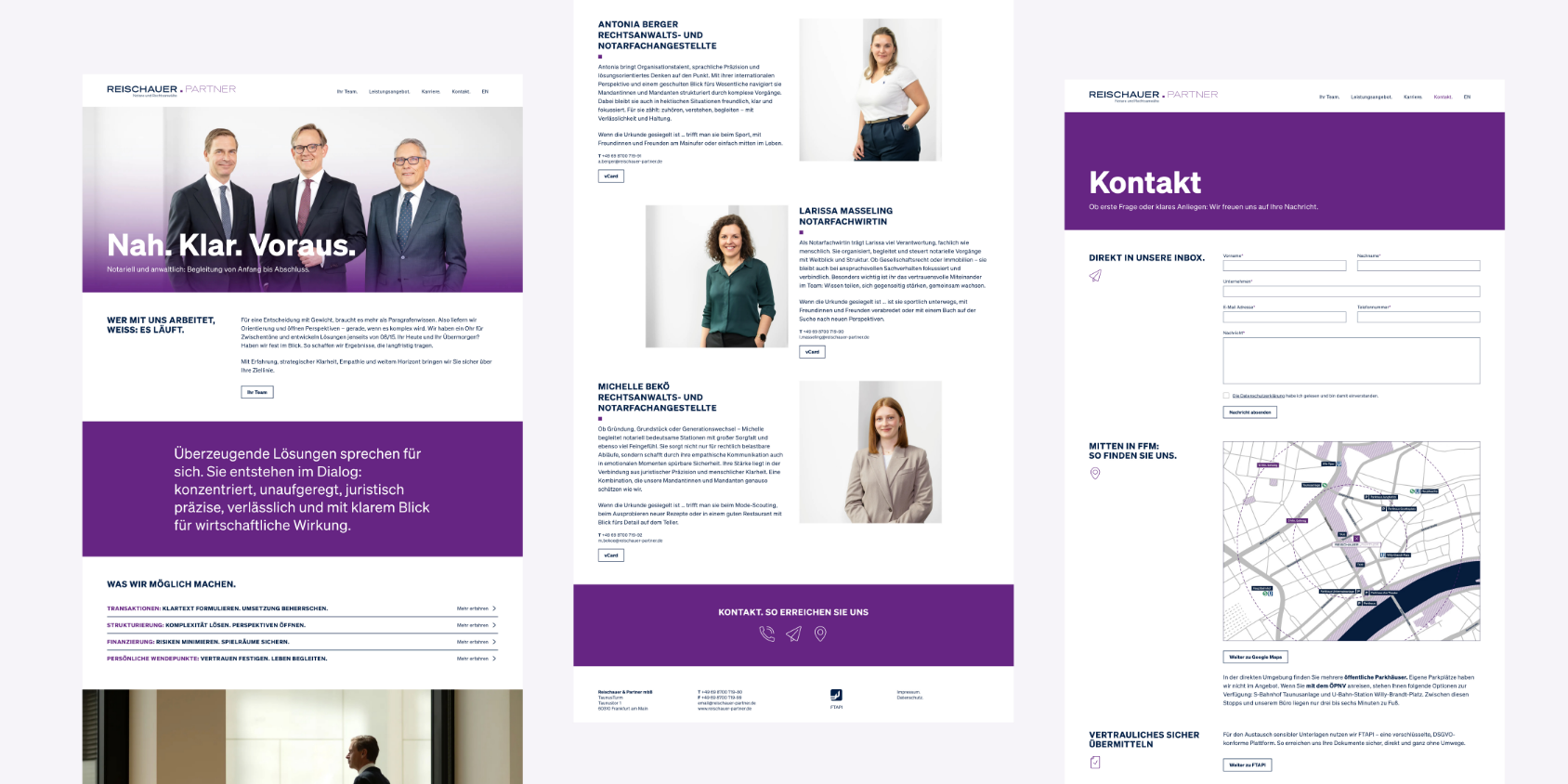 Drei Screenshots, die die markenstarke Webseite zeigen. Klar, stark und durch die Corporate-Farbe Violett modern, frisch.
