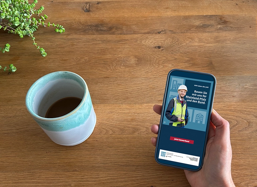 Handy wird in der Hand gehalten im Hintergrund ist ein Holztische, eine Tasse Kaffee, eine Kerze und eine Grünpflanze zu sehen. Im Display wird die InApp Werbung gezeigt.