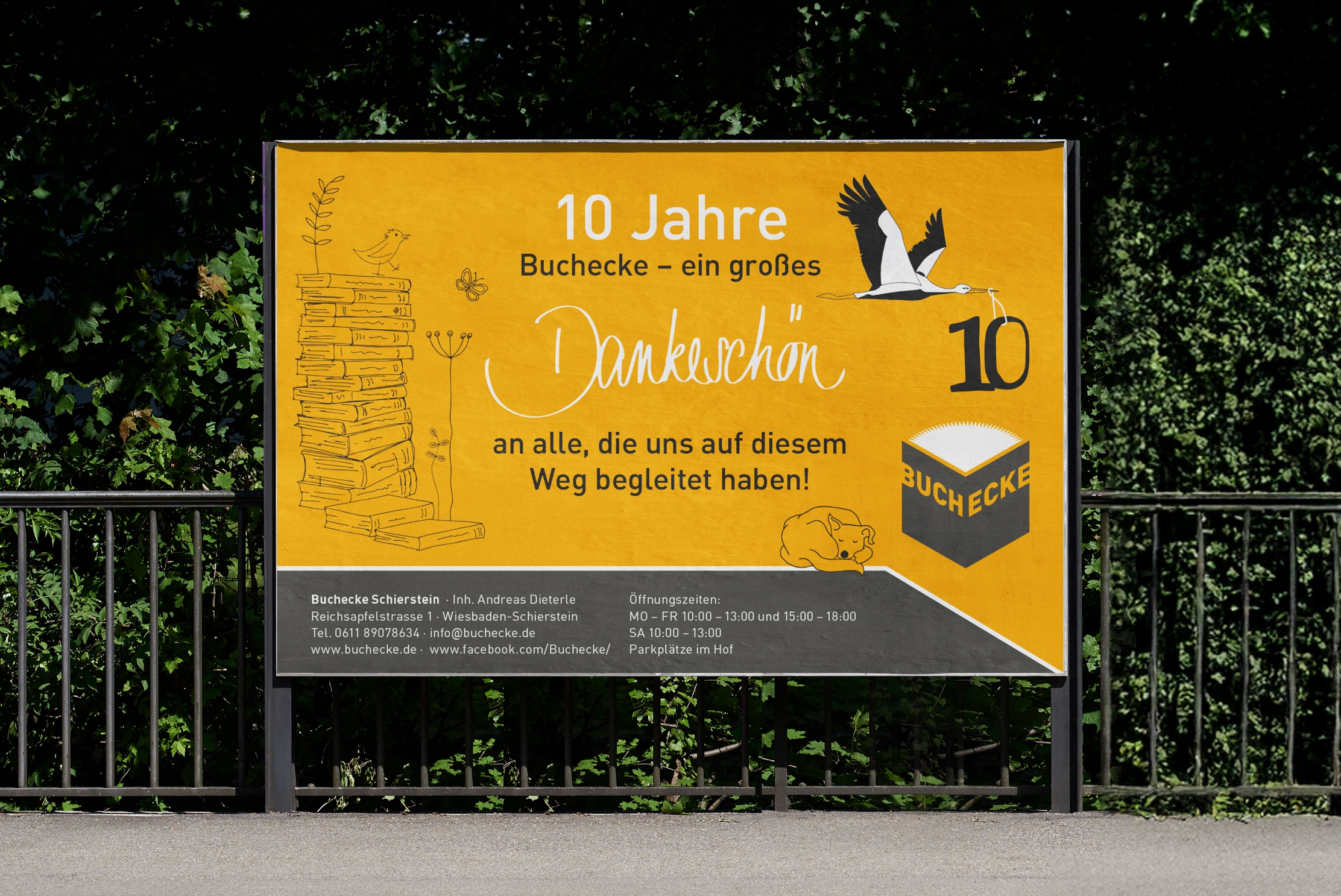 Anzeige für das jährige Jubiläum der Buchecke Schierstein, mit einer Illustration und einem Dankeschön